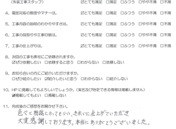 色々と相談に乗っていただき、また綺麗に仕上げていただき、大変感謝しております。
